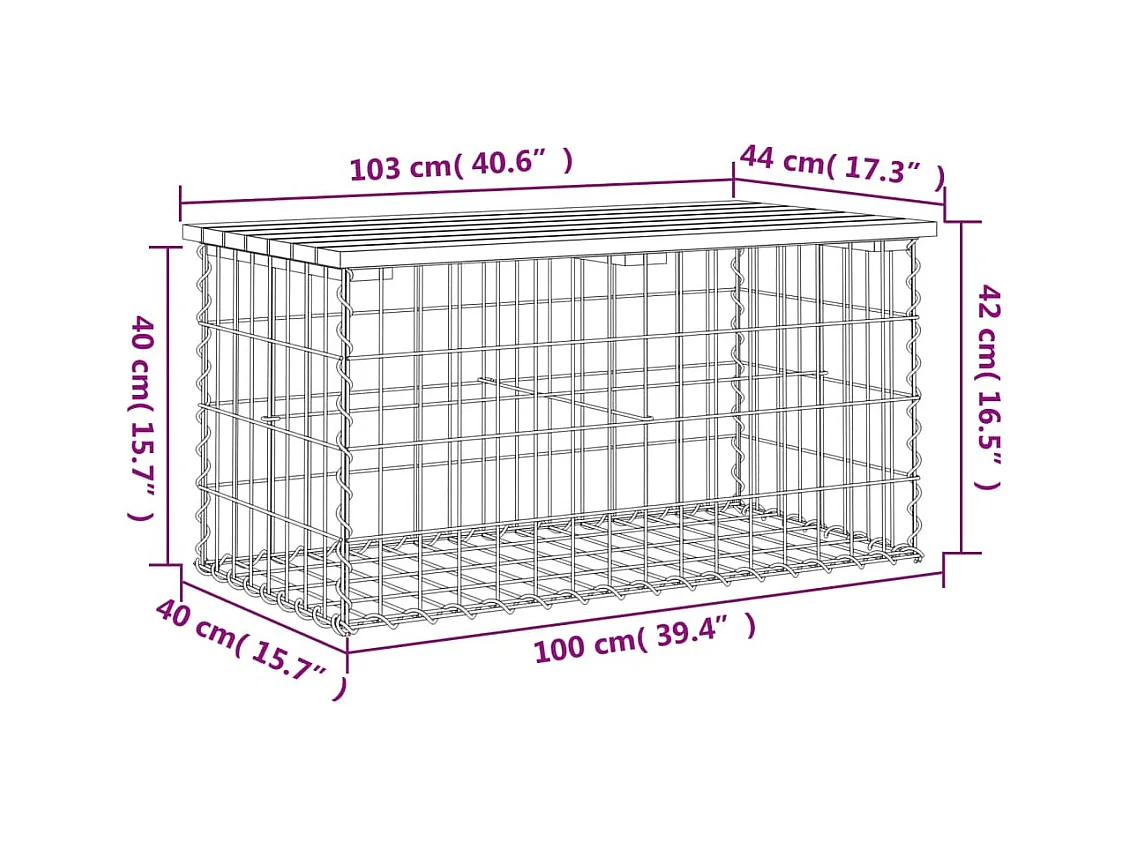 Banco de jardín de diseño gavión 103x44x42cm madera maciza de abeto Douglas