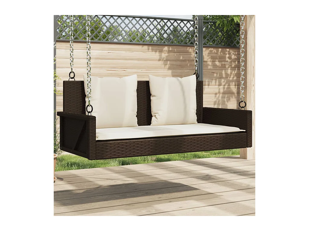 Balancelle avec coussins marron 119x56x48 cm résine tressée