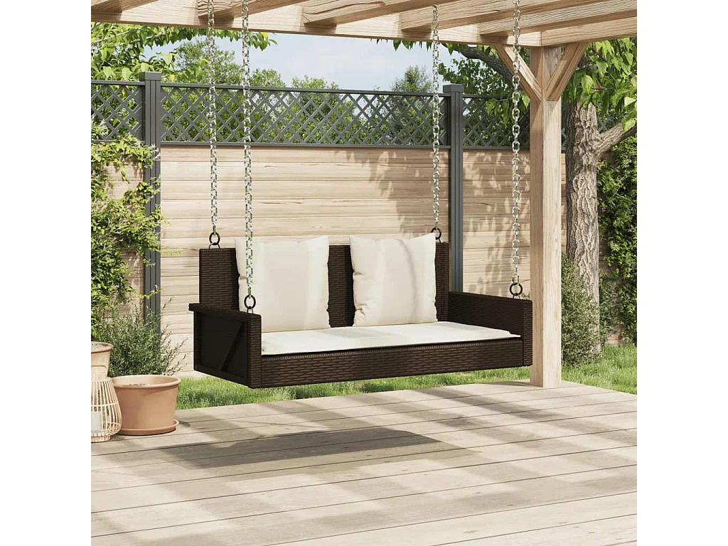 Altalena con cuscini marroni 119x56x48 cm in resina intrecciata
