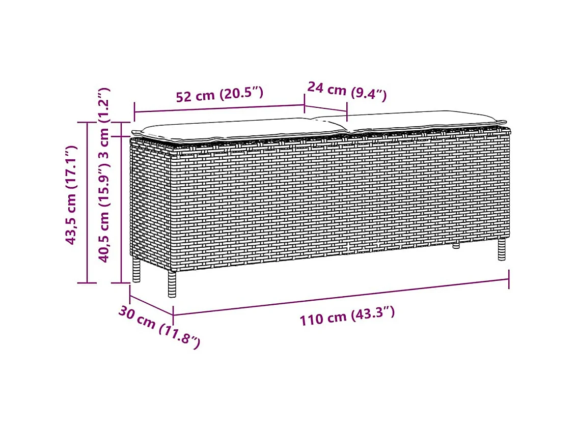 Banc de jardin avec coussin noir 110x30x40,5 cm résine tressée