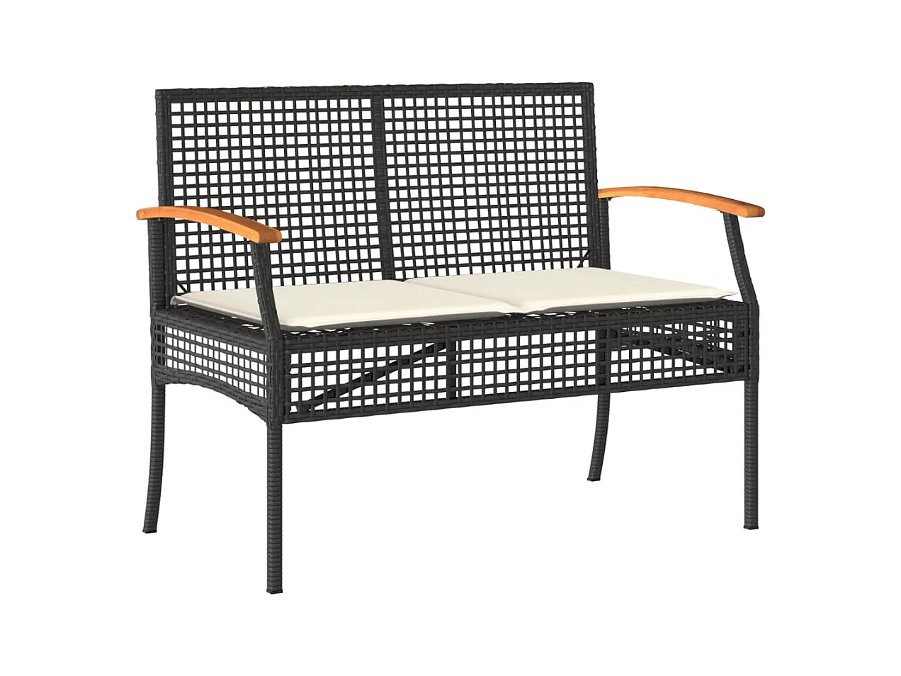 Banco de jardín con cojín negro de resina trenzada y acacia.