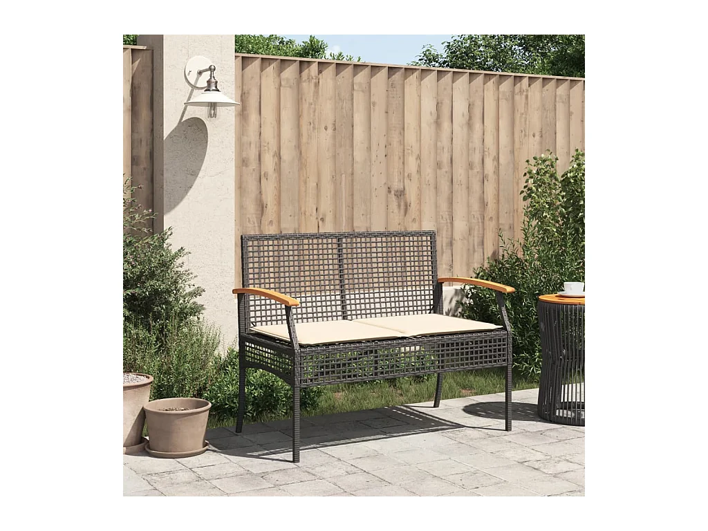 Banco de jardín con cojín negro de resina trenzada y acacia.