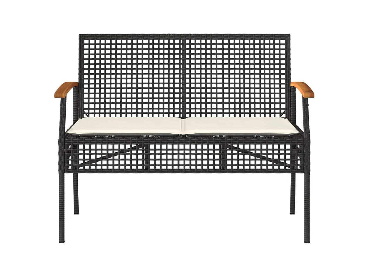 Banco de jardín con cojín negro de resina trenzada y acacia.