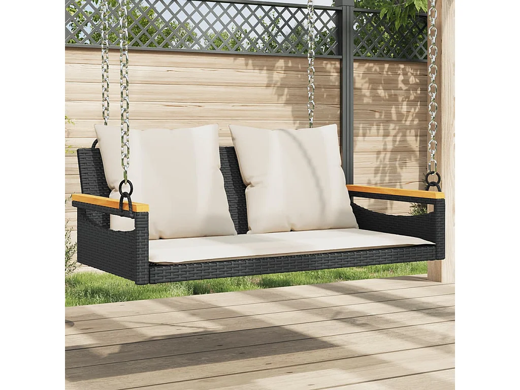 Asiento de columpio con cojines negros 109x62x40 cm resina tejida