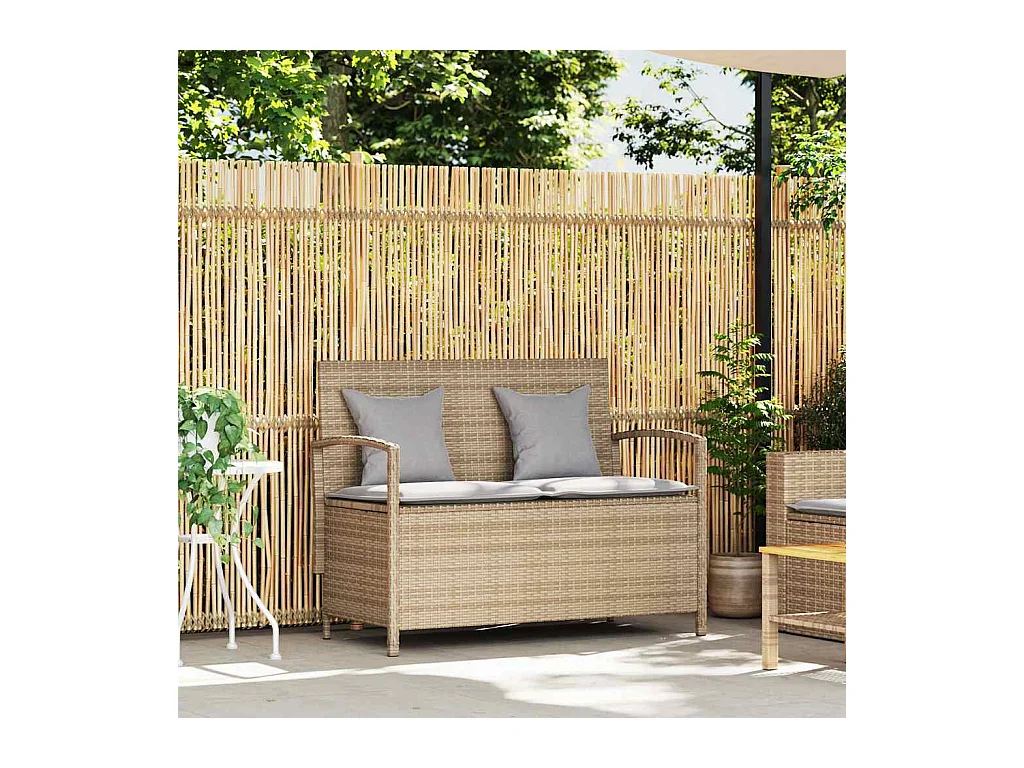 Banc de rangement de jardin avec coussin beige résine tressée