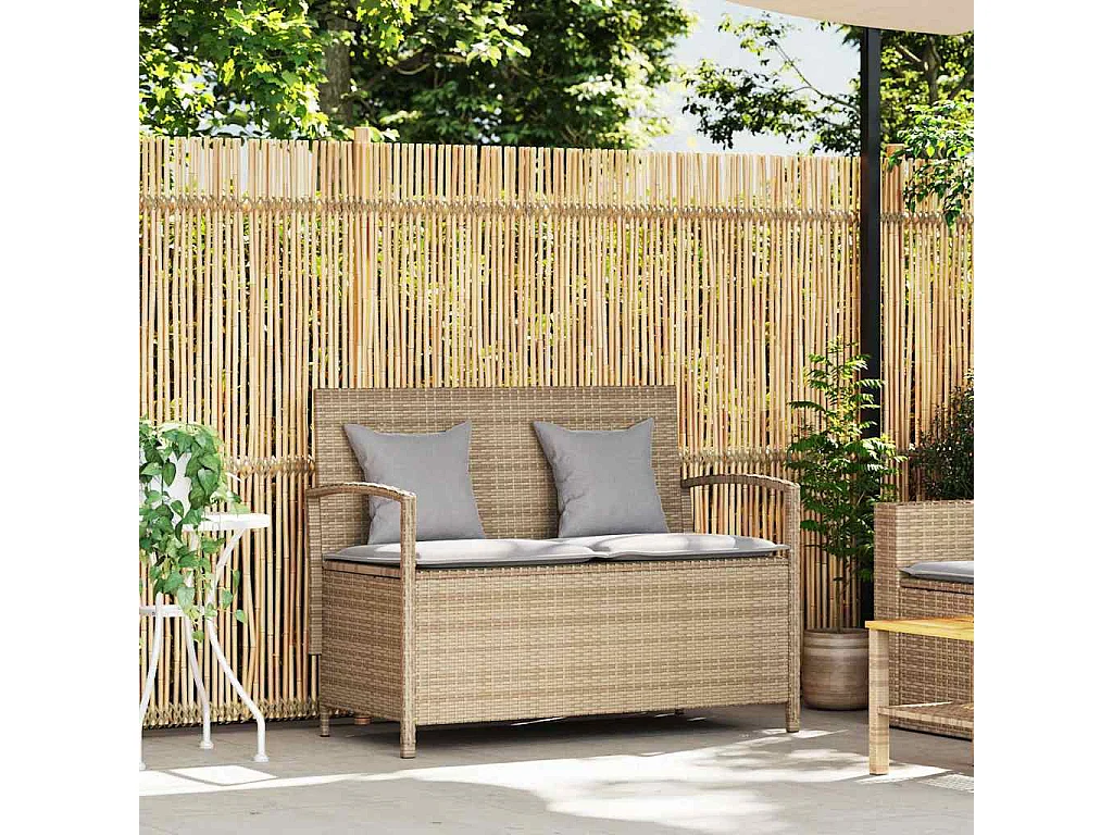Banc de rangement de jardin avec coussin beige résine tressée