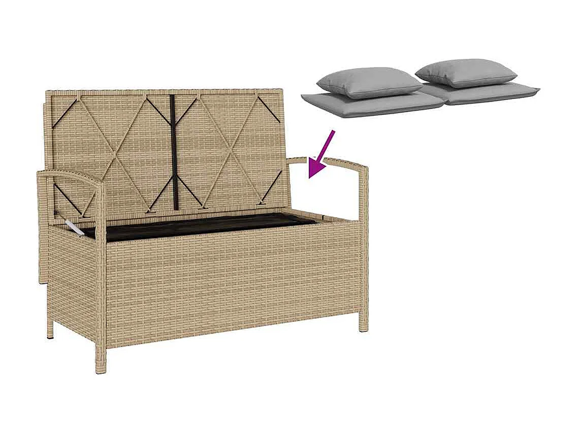 Banc de rangement de jardin avec coussin beige résine tressée