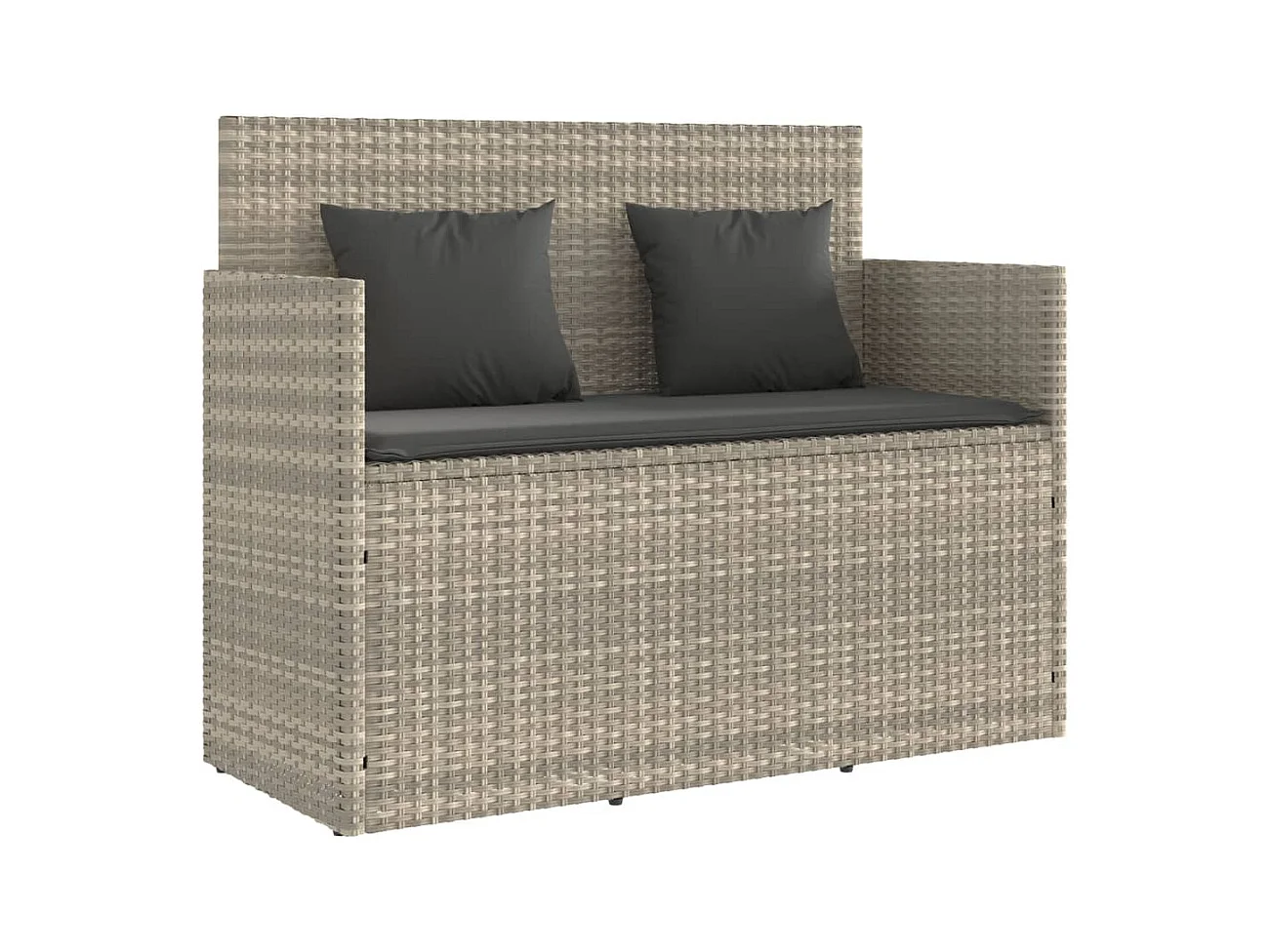 Tuinbank met lichtgrijze kussens van geweven hars