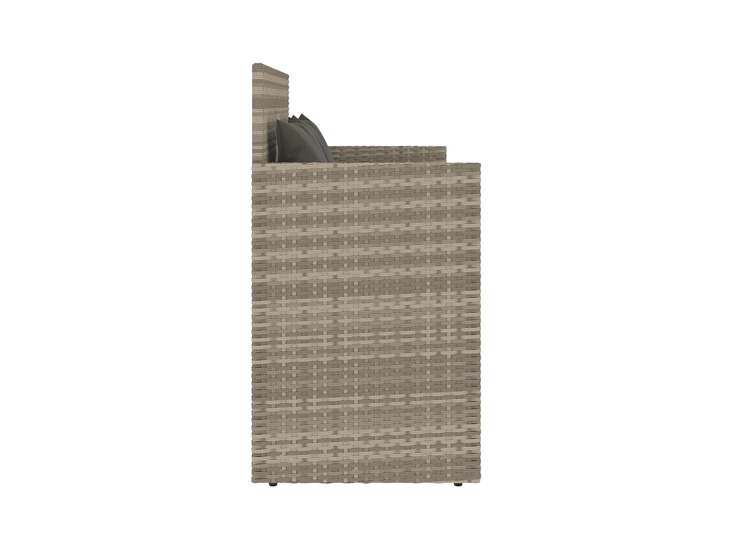 Tuinbank met lichtgrijze kussens van geweven hars