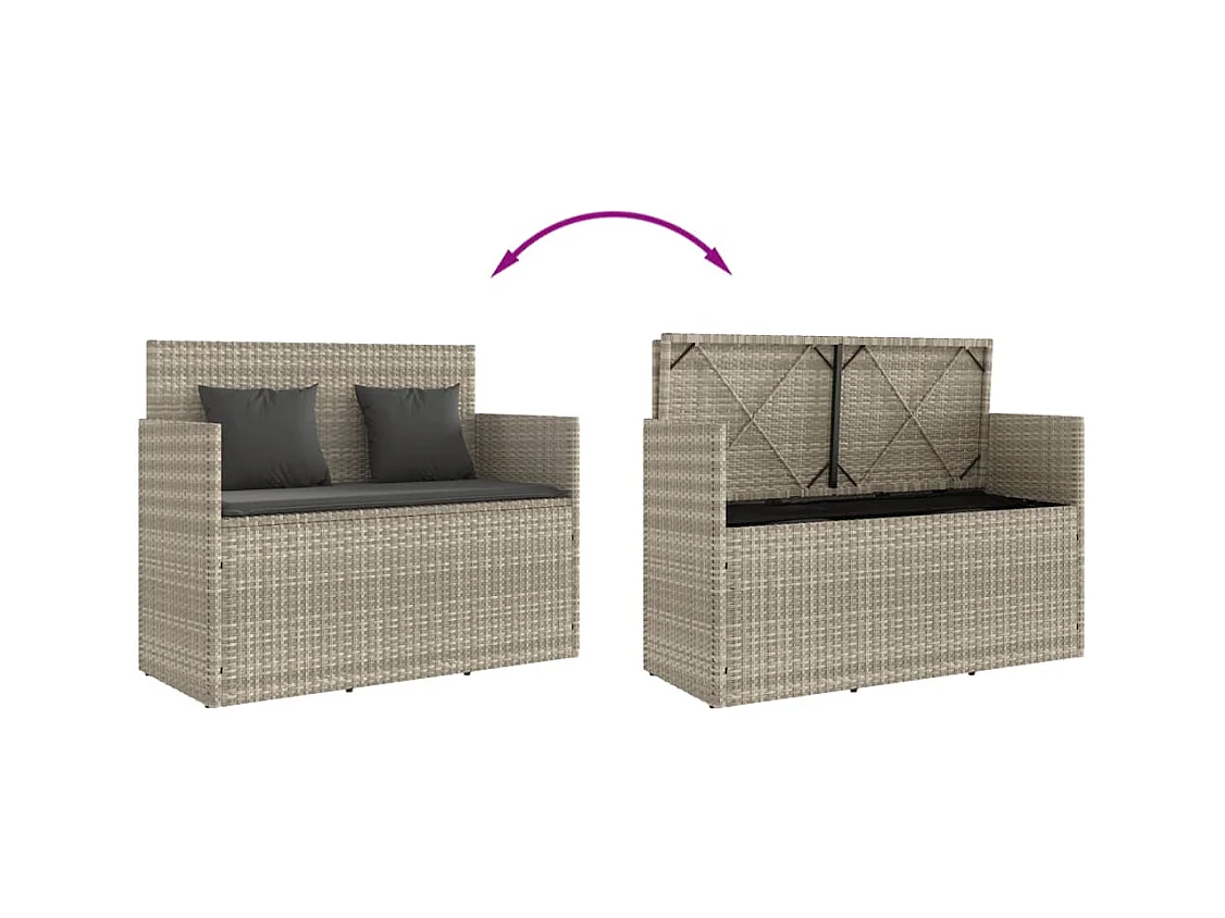 Tuinbank met lichtgrijze kussens van geweven hars