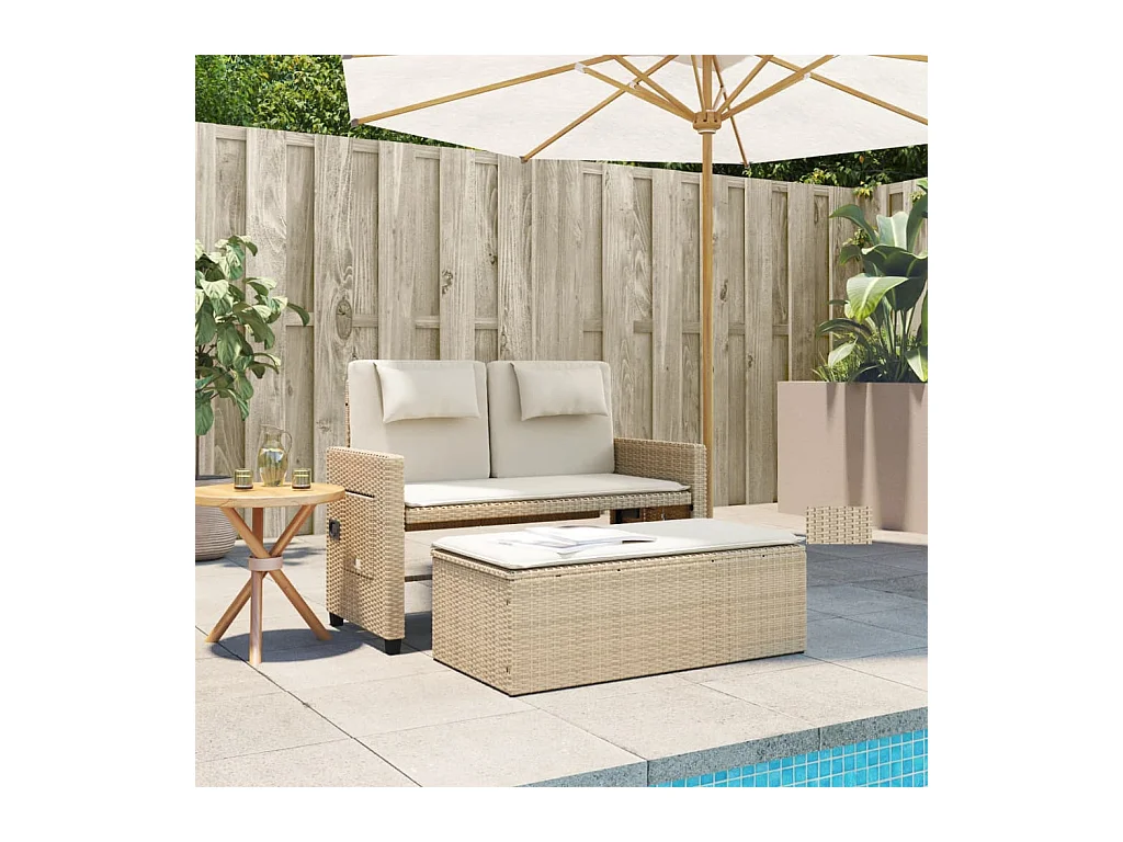 Liggende tuinbank met beige kunsthars rieten kussens