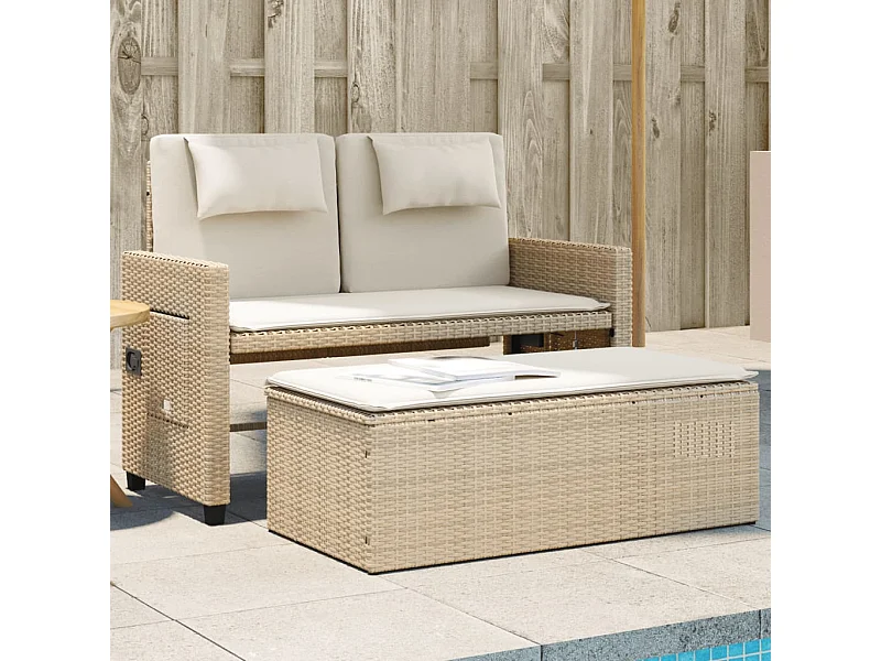 Panca da giardino reclinabile con cuscini in vimini di resina beige