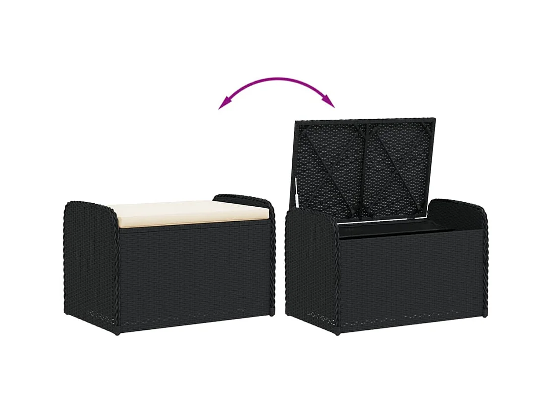 Banc de rangement avec coussin noir 80x51x52 cm résine tressée