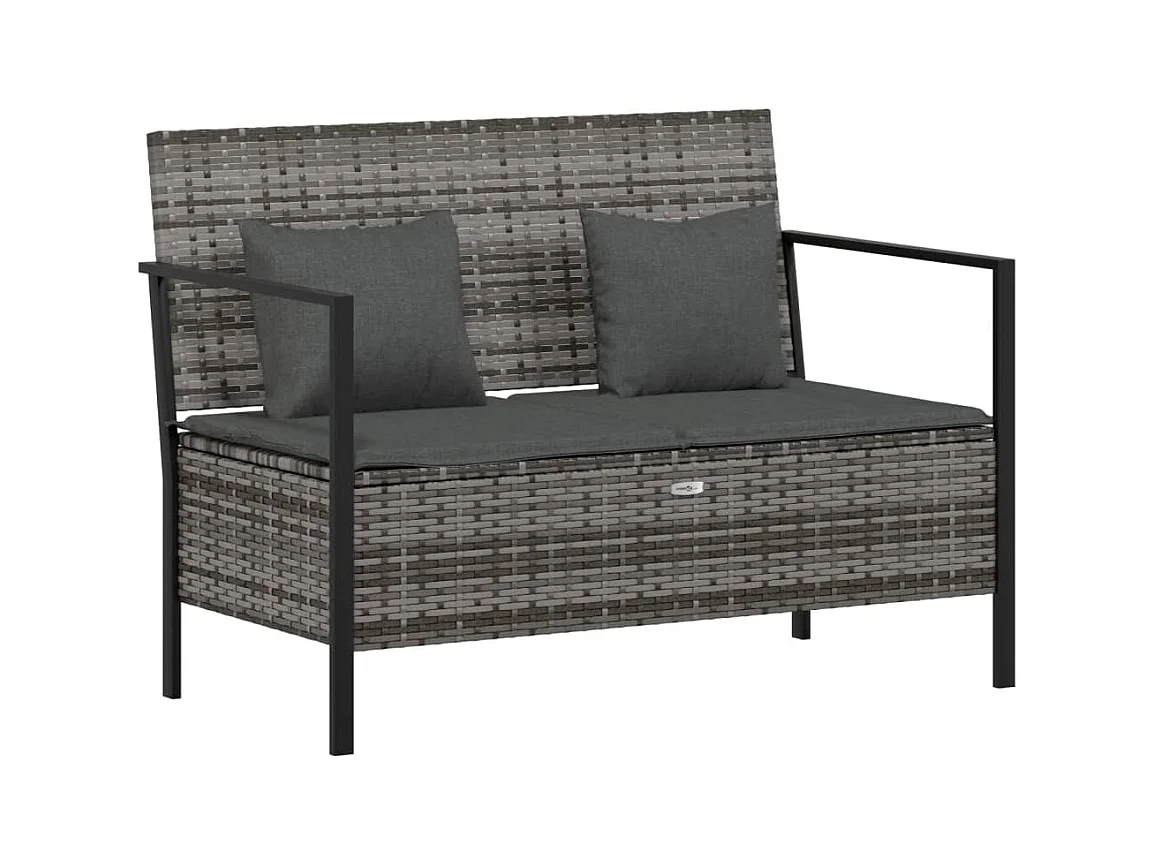 Banco de jardín de 2 plazas con cojines de mimbre gris