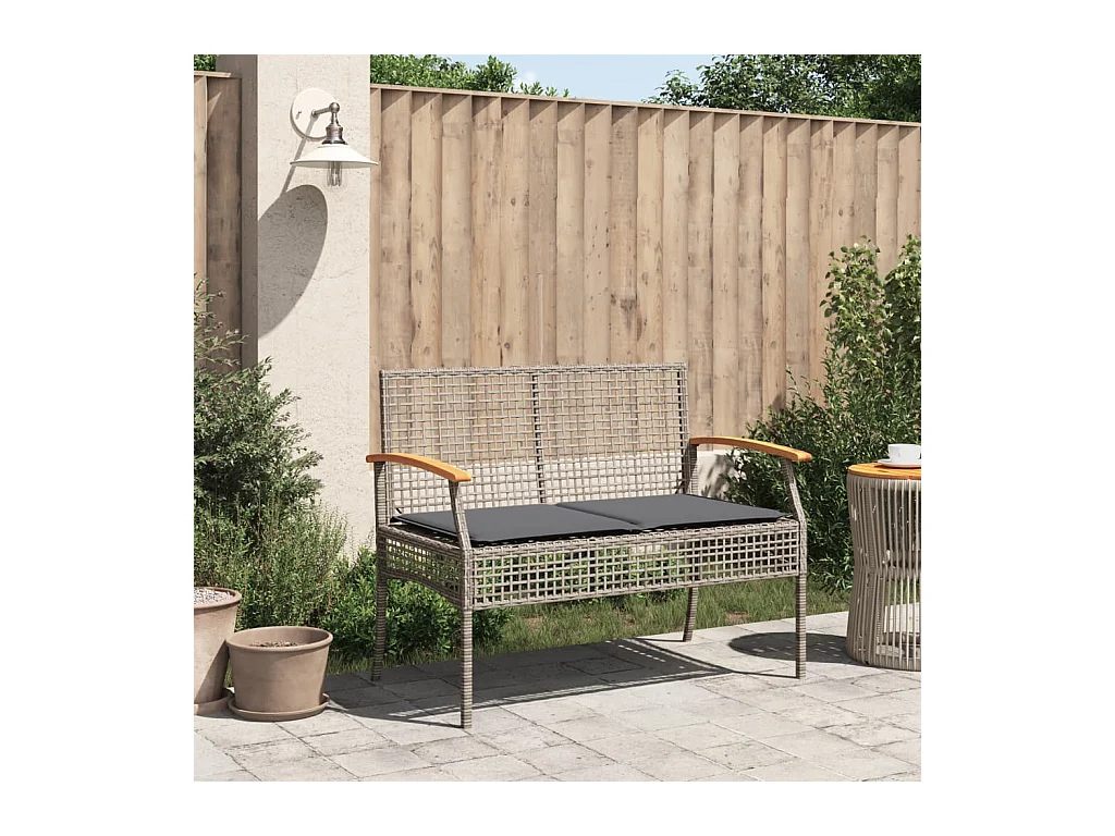 Banco de jardín con cojín gris de resina trenzada y acacia.