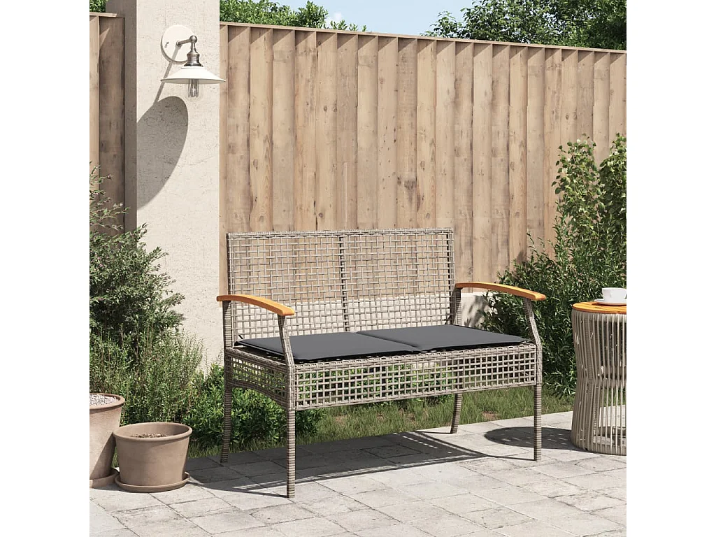 Panca da giardino con cuscino grigio in resina intrecciata e acacia