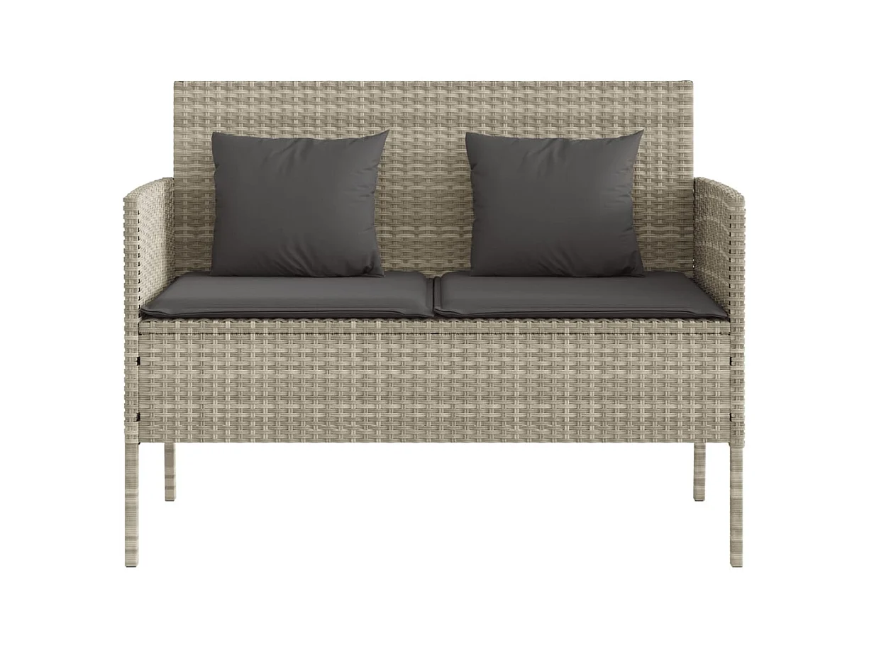 Banco de jardín con cojines gris claro de resina tejida.