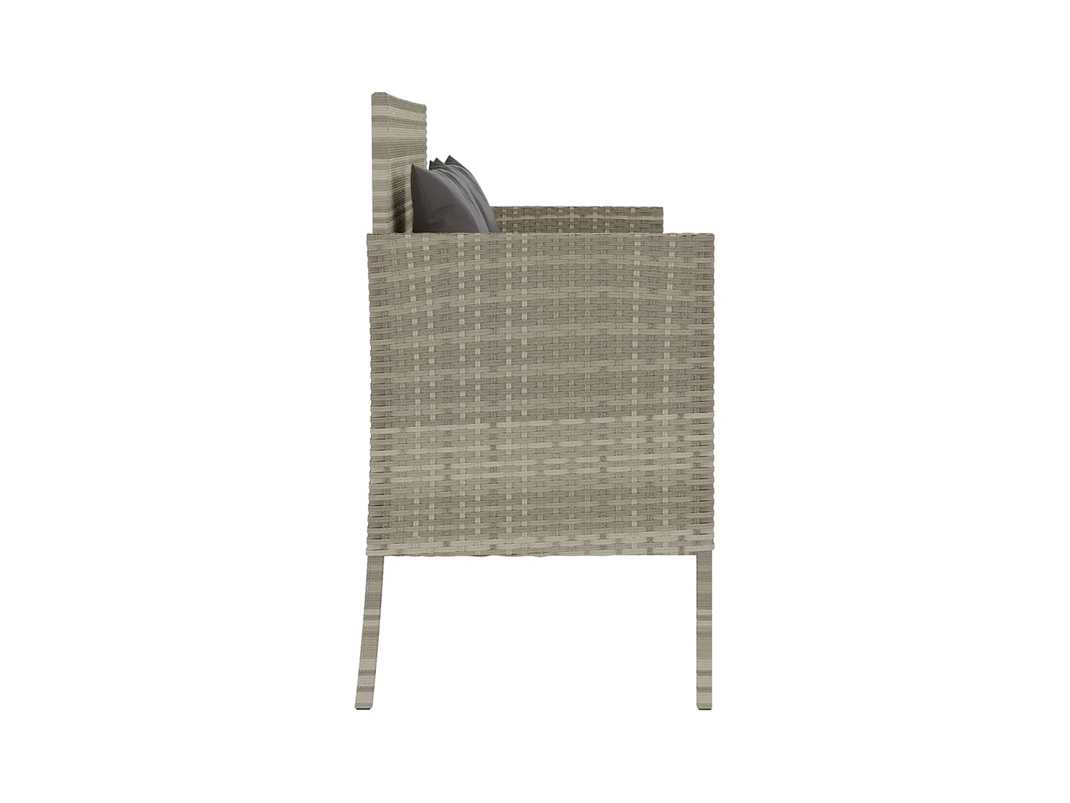 Banco de jardín con cojines gris claro de resina tejida.