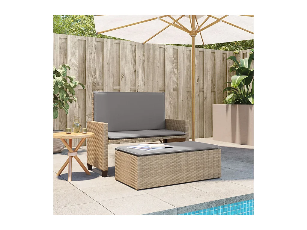 Tuinbank met kussens en beige gevlochten hars voetenbankje