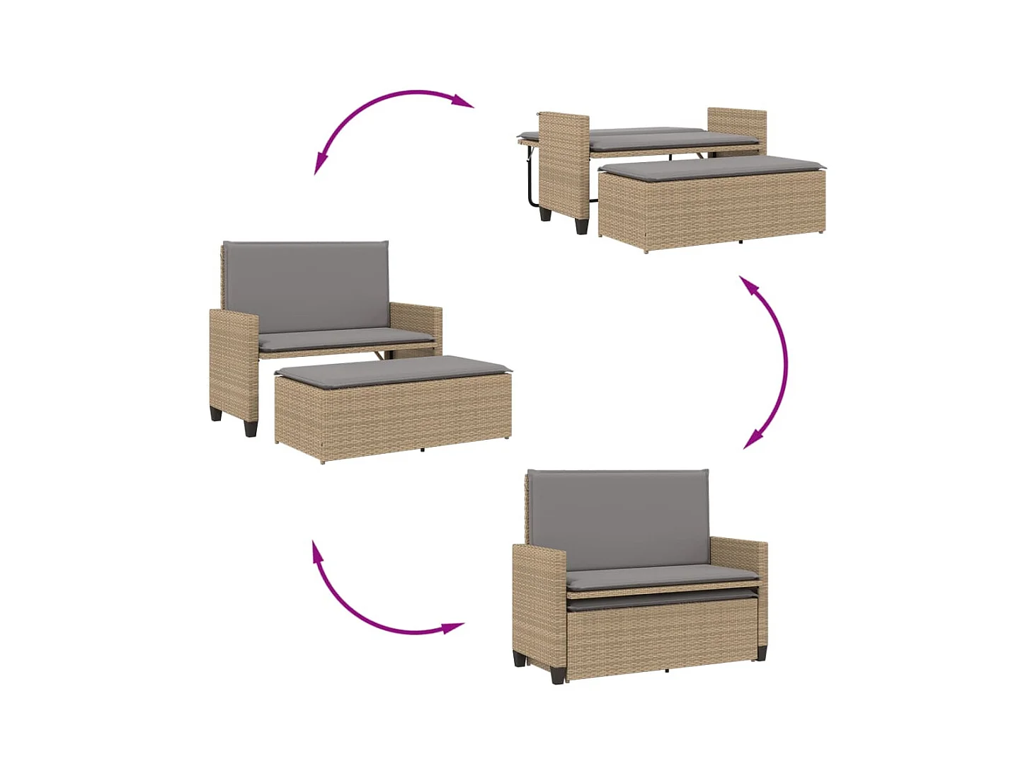 Tuinbank met kussens en beige gevlochten hars voetenbankje