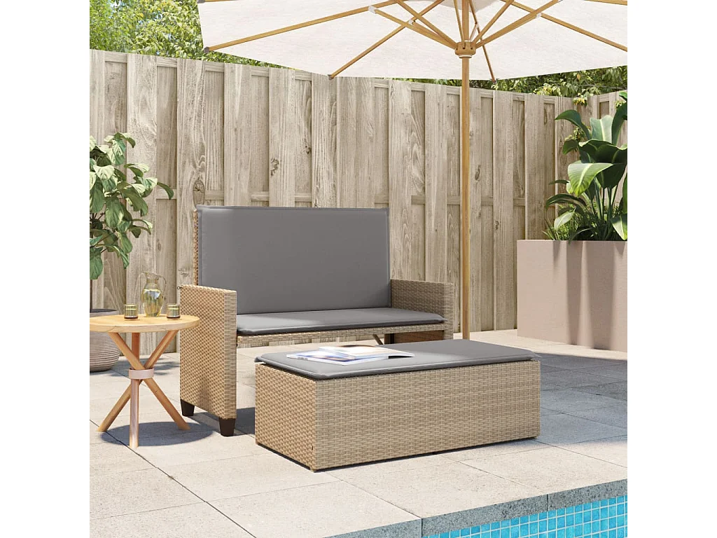 Panca da giardino con cuscini e poggiapiedi in resina intrecciata beige