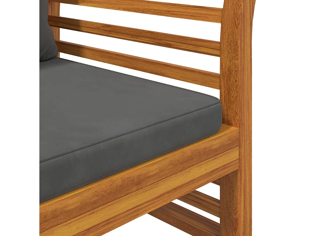 Banco de sofá con cojines gris oscuro de madera maciza de acacia