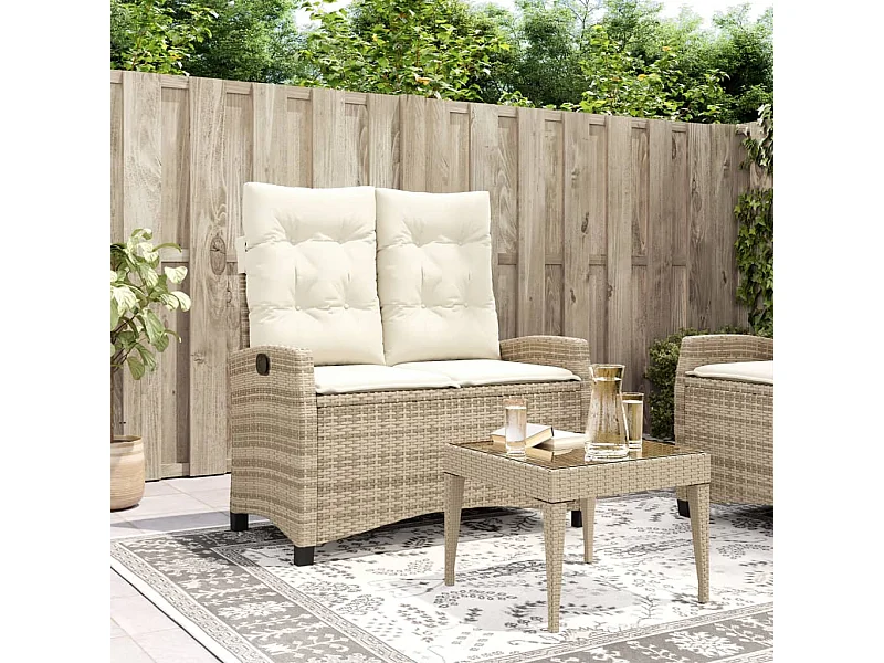 Liggende tuinbank met beige kunsthars rieten kussens