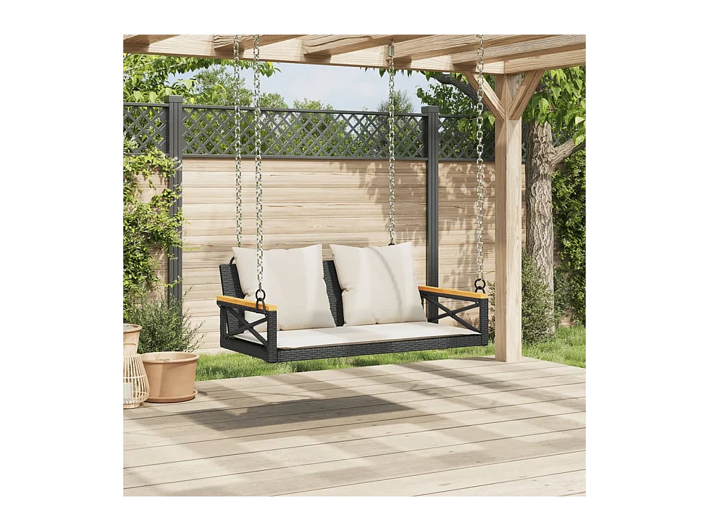 Asiento de columpio con cojines negros 109x62x40 cm resina tejida