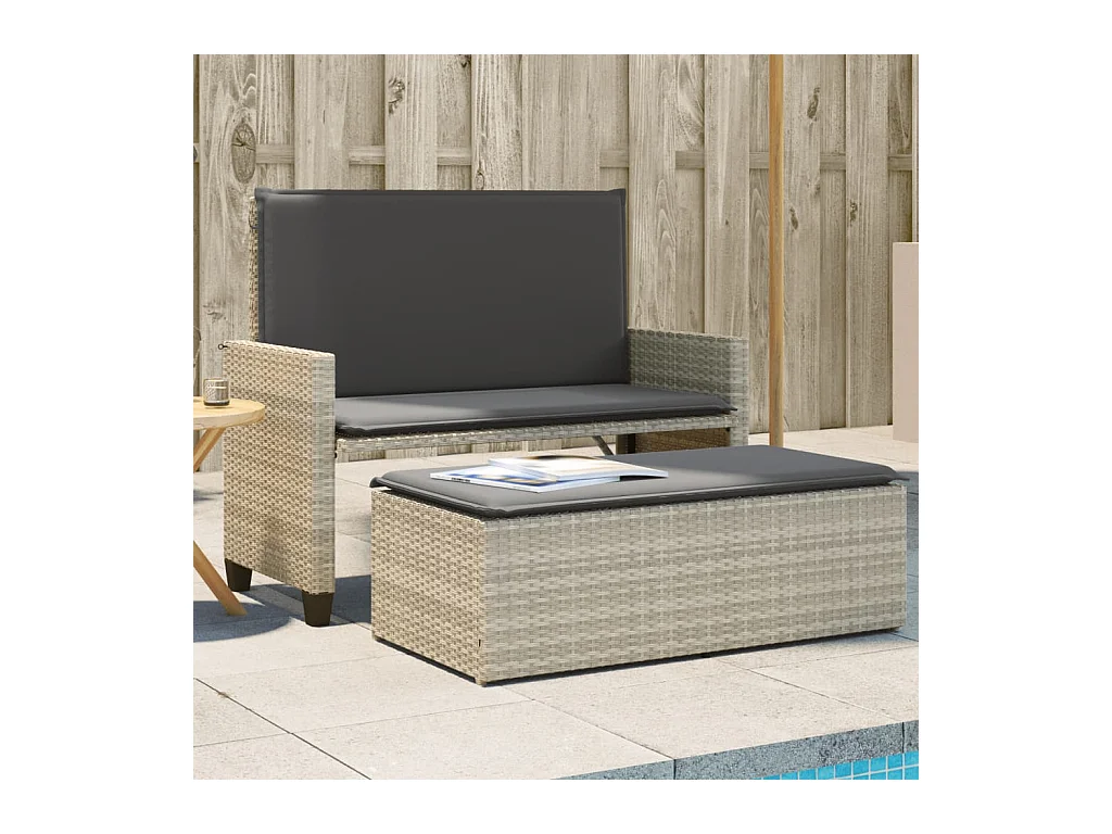 Tuinbank met kussens en voetenbankje lichtgrijs polyrotan