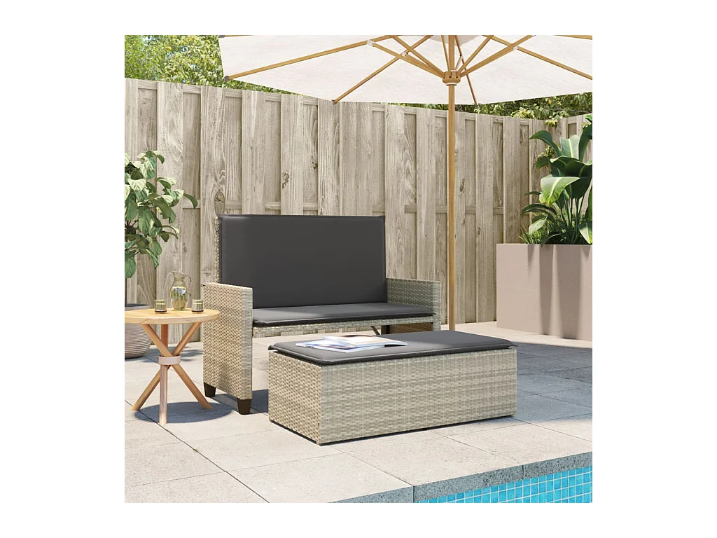 Tuinbank met kussens en voetenbankje lichtgrijs polyrotan