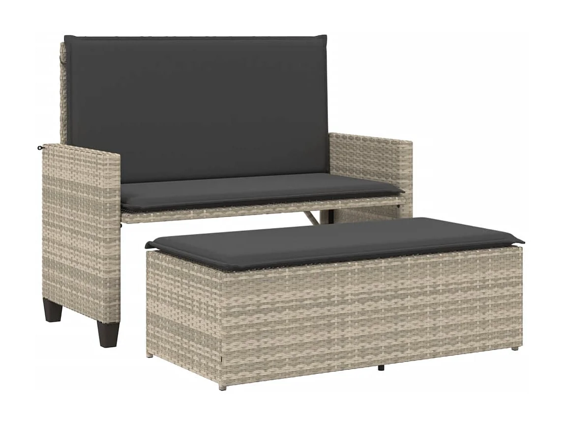 Panca da giardino con cuscini e poggiapiedi in polyrattan grigio chiaro