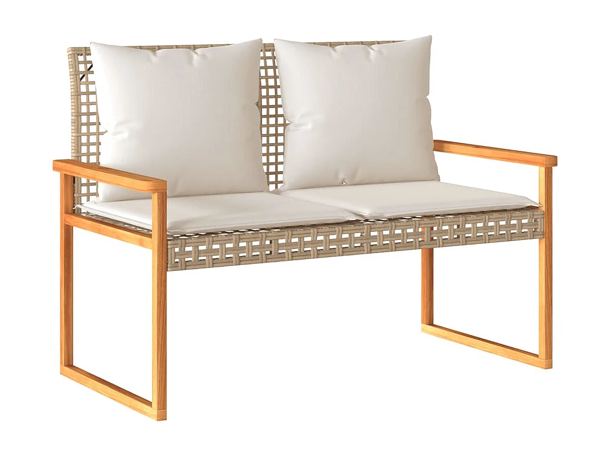 Banco de jardín con cojín en mezcla beige de resina de mimbre de acacia