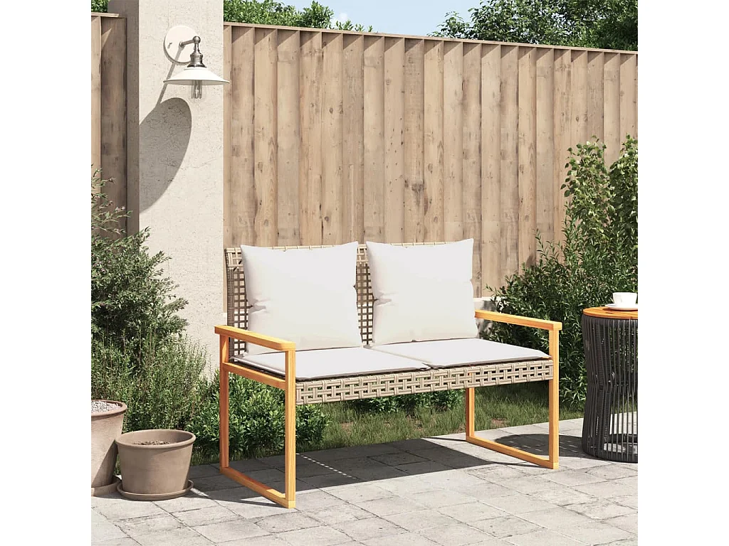 Banco de jardín con cojín en mezcla beige de resina de mimbre de acacia