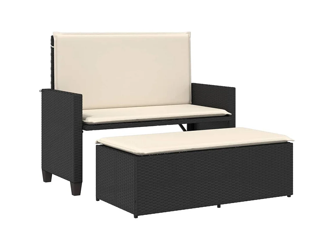 Tuinbank met kussens en zwarte voetenbank van gevlochten hars