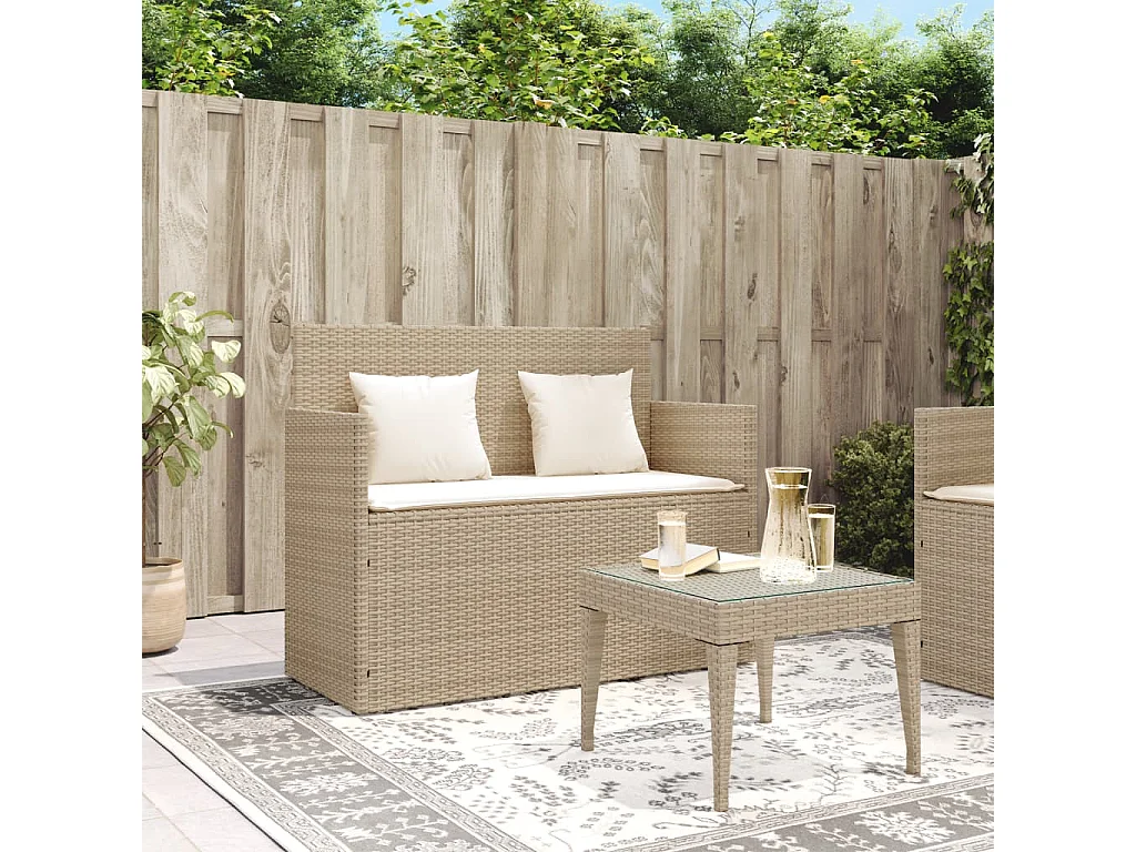 Banco de jardín con cojines de resina tejida beige