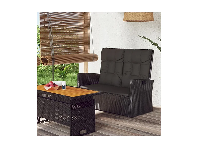 Banco de jardín reclinable y cojines negros 118cm mimbre resina