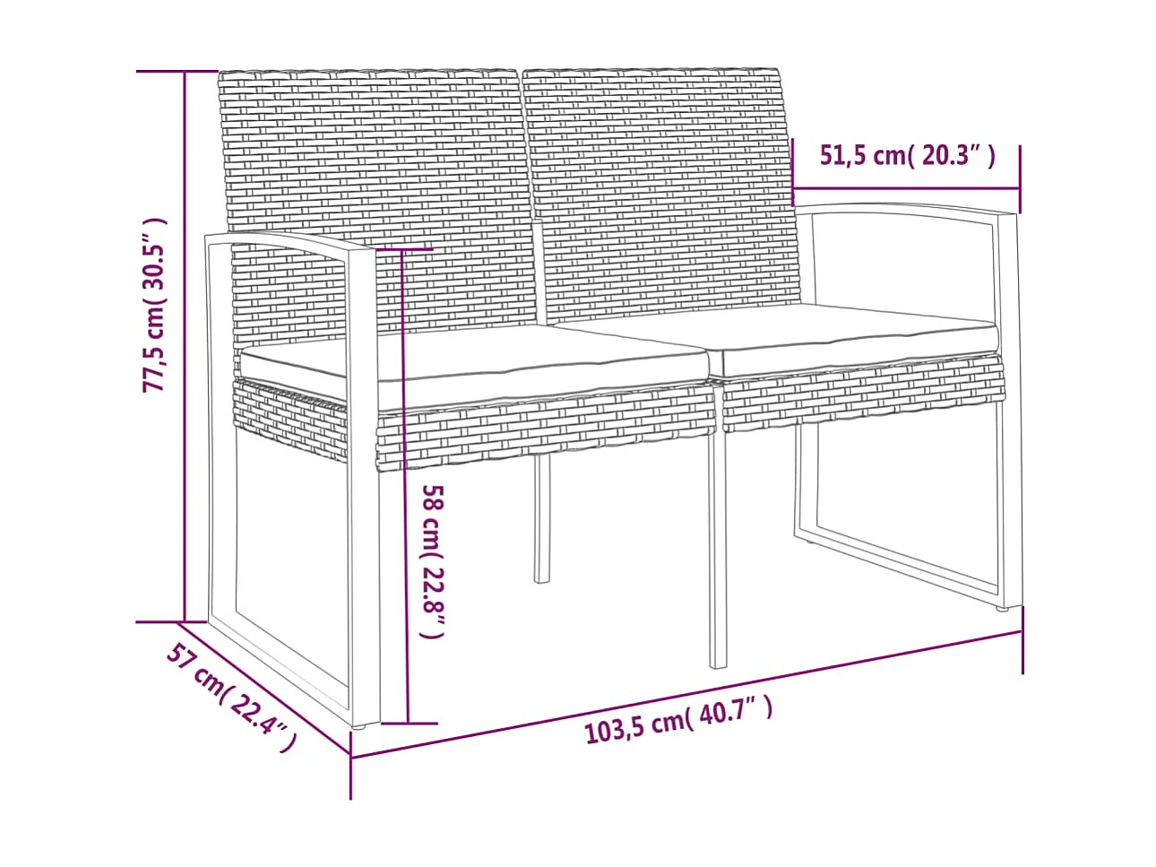 Panca da giardino a 2 posti con cuscini in rattan PP grigio scuro