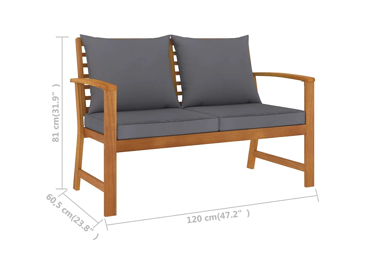 Banco de jardín de 120 cm con cojín gris oscuro de madera maciza de acacia