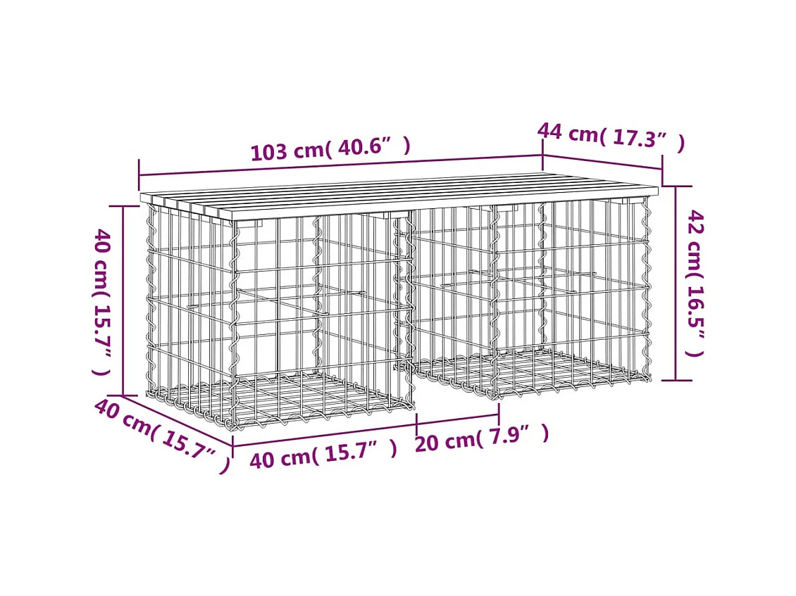 Banco de jardín de diseño gavión 103x44x42 cm madera maciza de pino