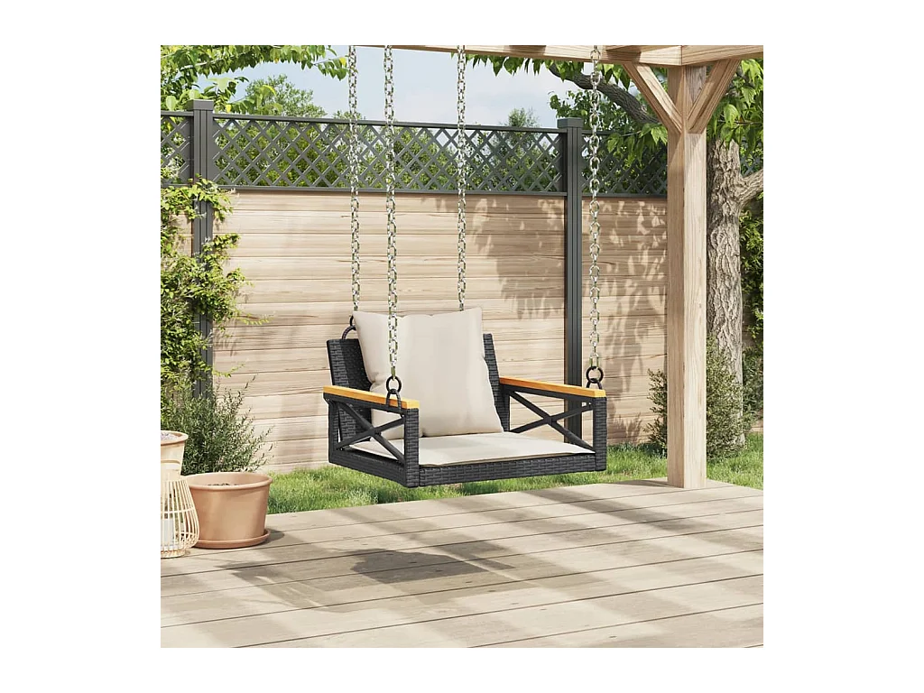 Asiento de columpio con cojines negros 63x62x40 cm resina tejida