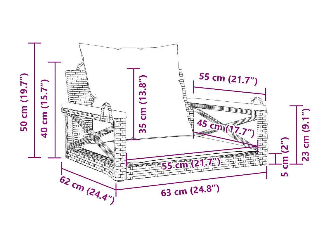 Asiento de columpio con cojines negros 63x62x40 cm resina tejida