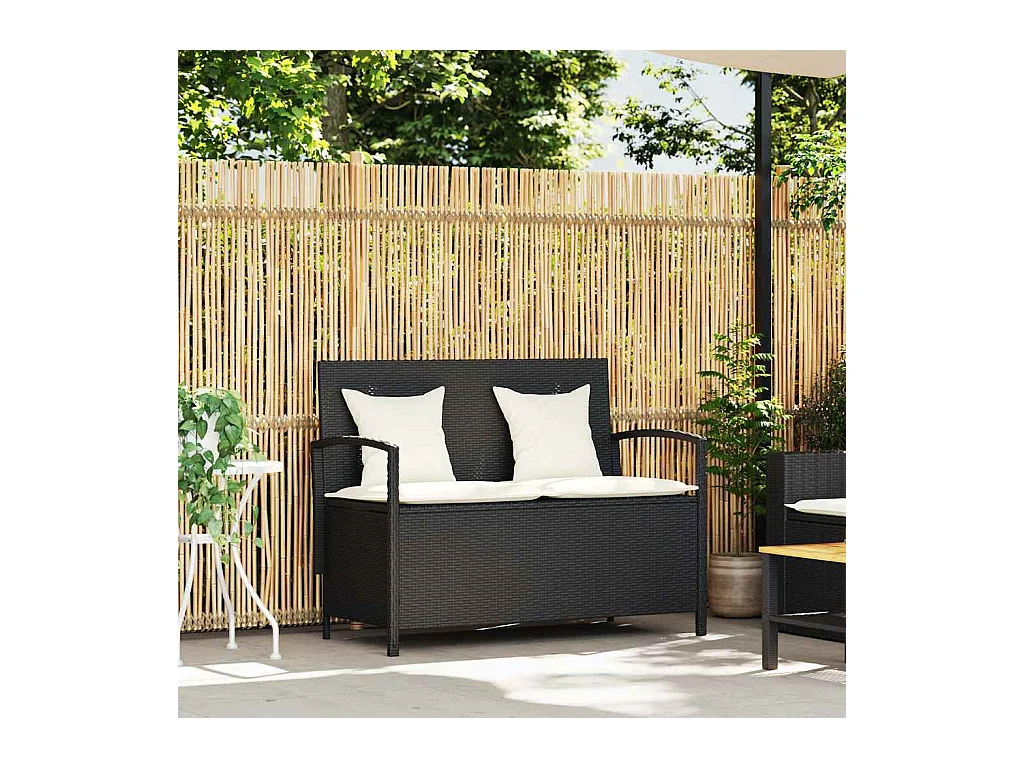 Banc de rangement de jardin avec coussin noir résine tressée