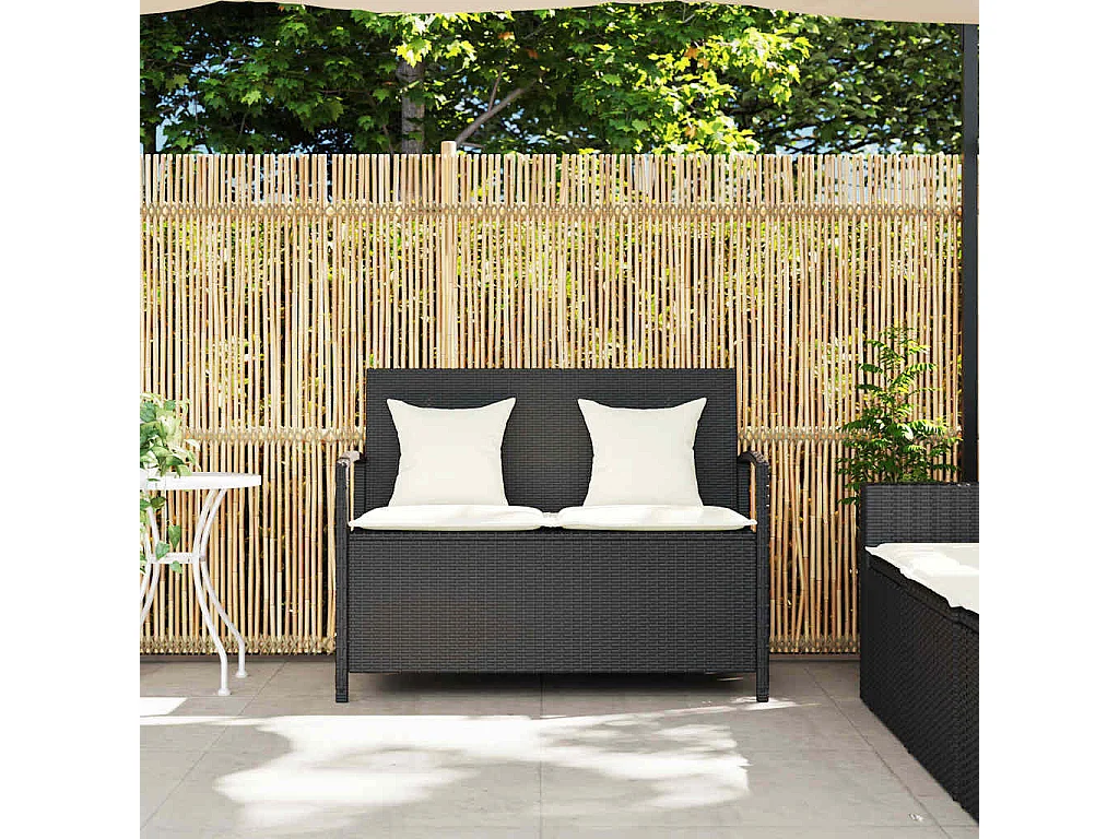 Banc de rangement de jardin avec coussin noir résine tressée