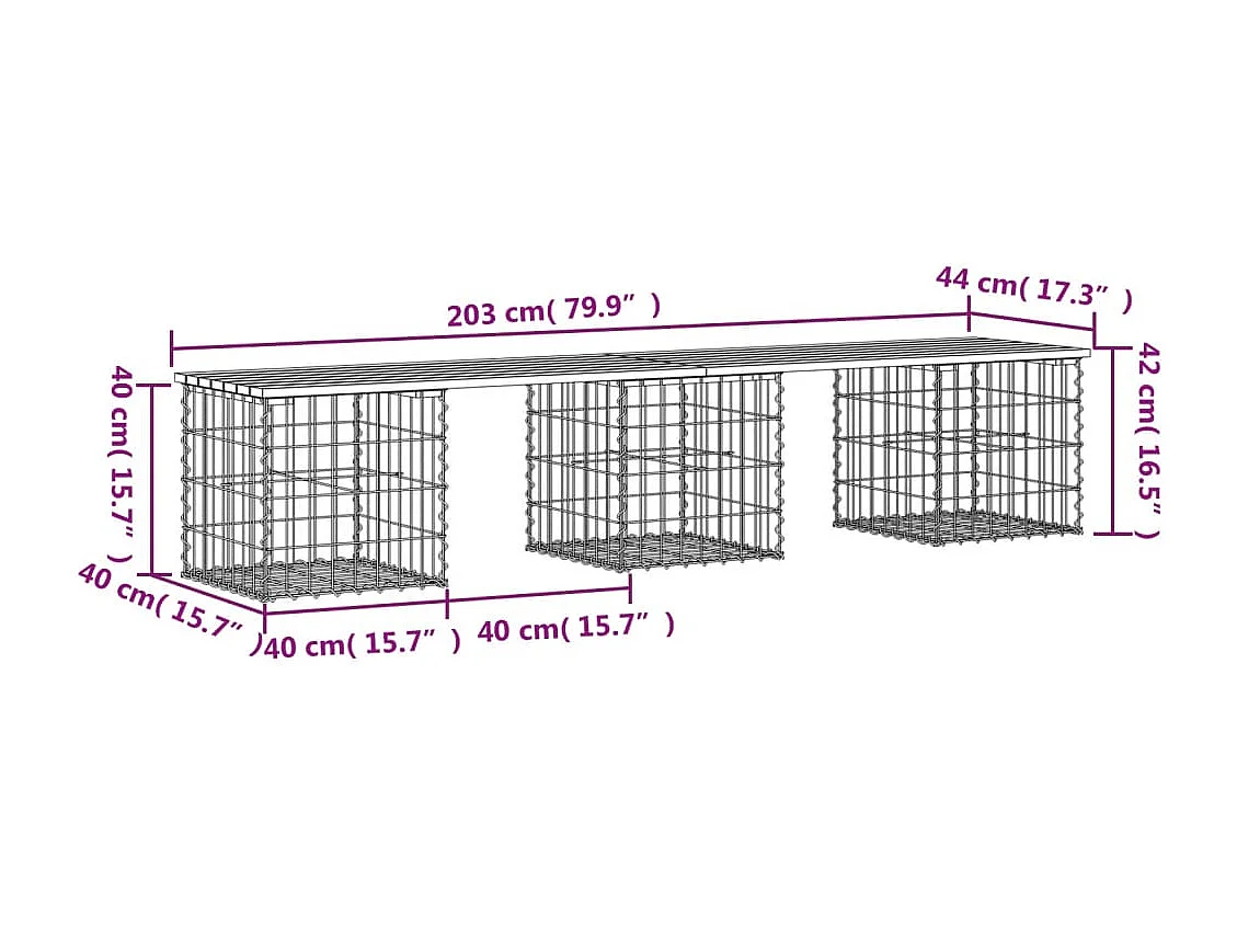 Panca da giardino in gabbione 203x44x42cm in legno massello di abete Douglas