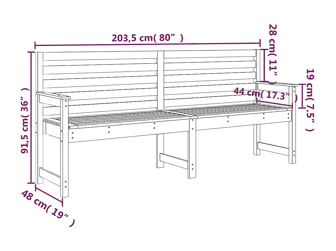 Panca da giardino 203,5x48x91,5 cm in legno massello di pino