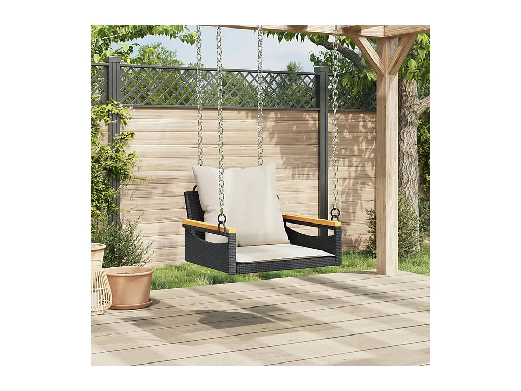 Asiento de columpio con cojines negros 63x62x40 cm resina tejida