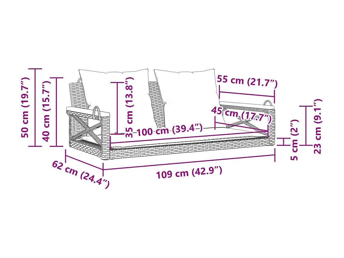 Altalena con cuscini grigi 109x62x40 cm in resina intrecciata