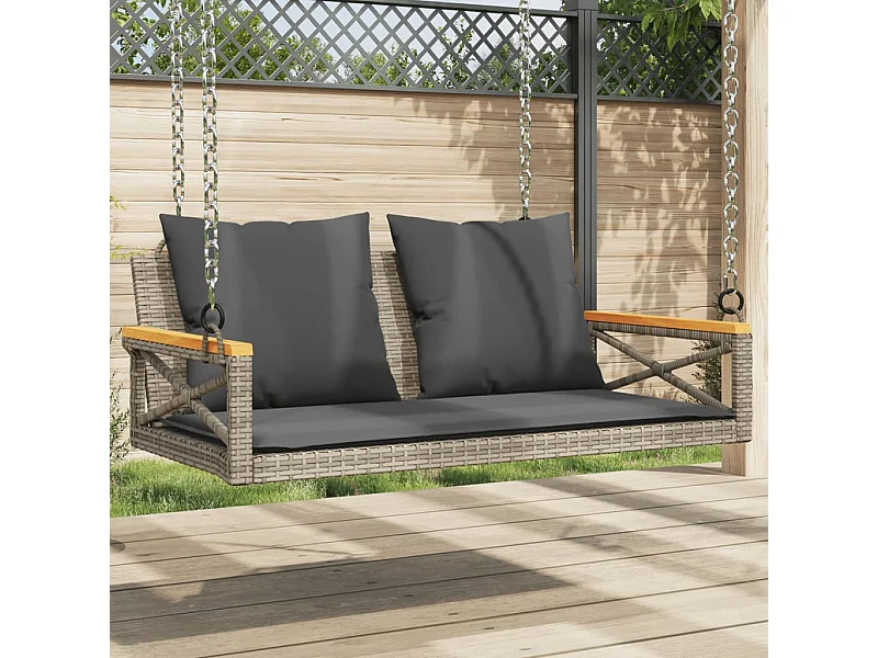 Altalena con cuscini grigi 109x62x40 cm in resina intrecciata