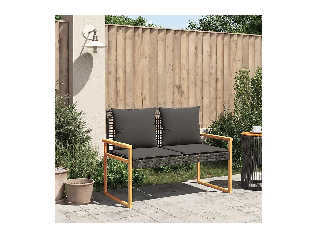 Banco de jardín con cojín negro de resina trenzada y acacia.