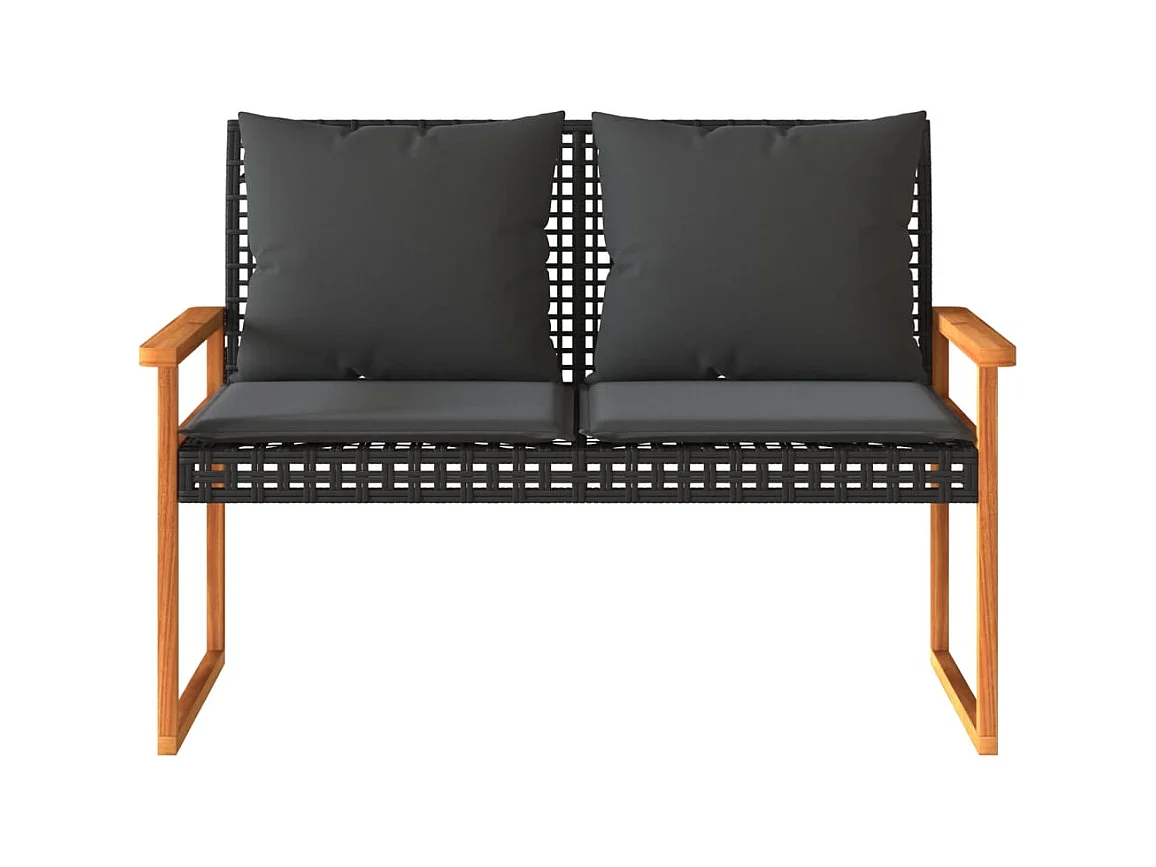 Banco de jardín con cojín negro de resina trenzada y acacia.